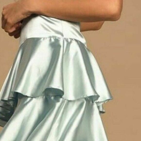 Lulus Mint Blue Satin Tiered Asymmetrical Midi Dress - Picture 10 of 14